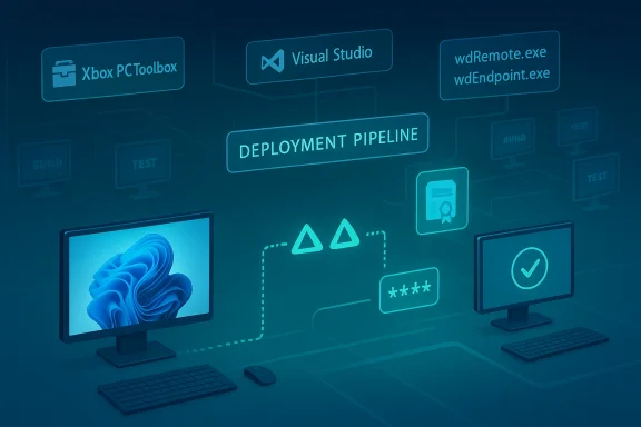 Abstract software deployment pipeline diagram with build/test nodes and warning indicators on blue screens.