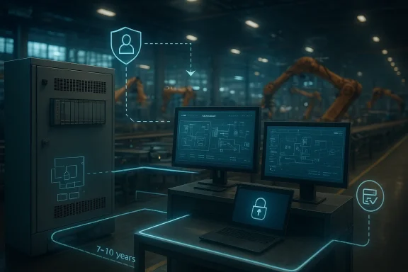 Futuristic control room with glowing blue holographic security icons and dual engineering monitors in a city backdrop.