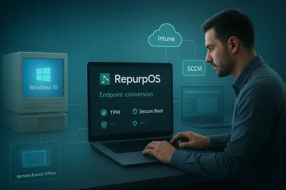 IT technician configuring Intune, SCCM, and Windows endpoint conversion with “Repurpos” on a laptop.