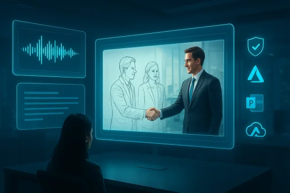Futuristic video wall shows a handshake between professionals amid glowing cybersecurity icons.