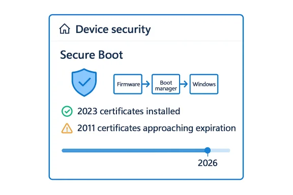Diagram of Windows Secure Boot showing firmware, boot manager, and “2011 certificates approaching expiration.”