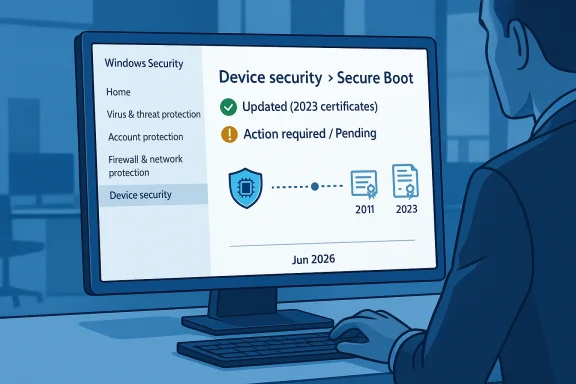 Computer screen shows Windows Security “Device security > Secure Boot” with updated 2023 certificates and pending action.
