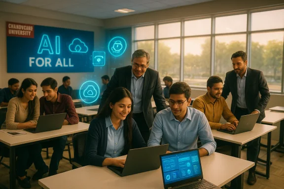 Students and a teacher collaborate in a modern classroom with an “AI for all” digital display behind them.