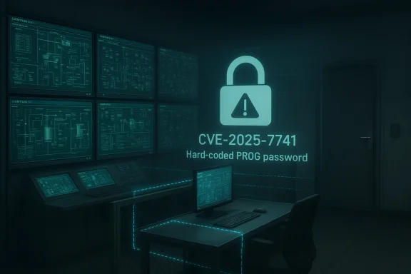 Secure server room with glowing lock warning over multiple circuit-style monitor screens.