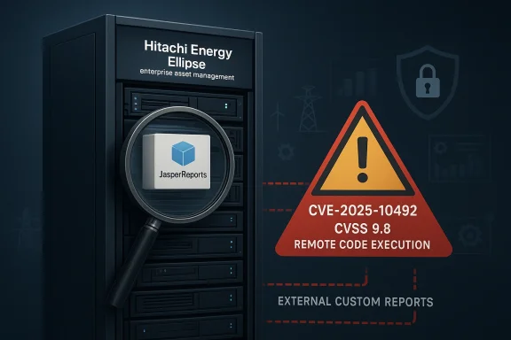 Hitachi Energy Ellipse server with JasperReports icon, warning sign for CVE-2025-10492 remote code execution.