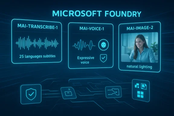Futuristic “Microsoft Foundry” promo with AI panels for transcription, voice, and image lighting.
