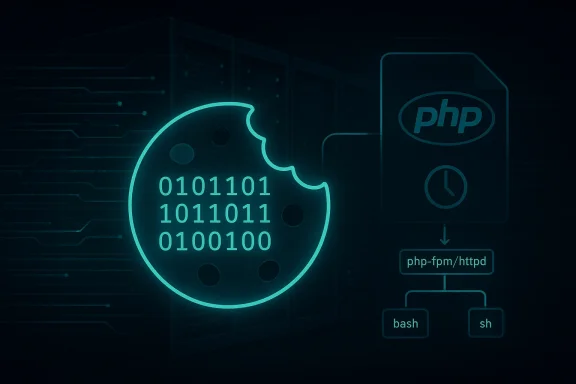 Neon circuit graphic showing a binary globe and PHP server pipeline with bash and sh.