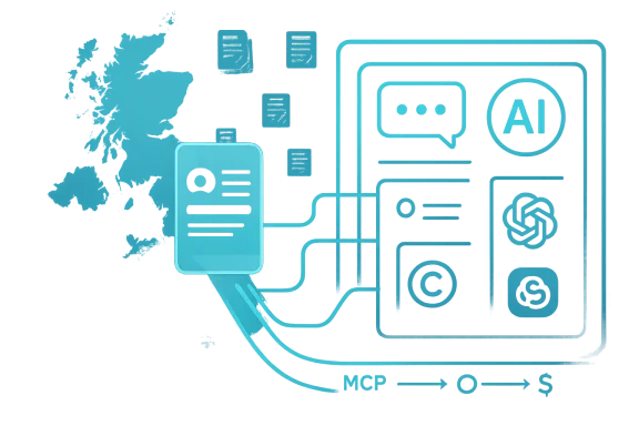 Abstract blue tech illustration of a smartphone, chat icons, and connected data elements.