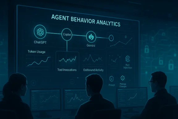People view a holographic dashboard labeled “Agent Behavior Analytics” showing ChatGPT/Gemini metrics.