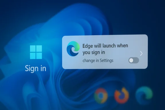 Windows sign-in screen prompt: “Edge will launch when you sign in” on a blue desktop background. Windows sign-in screen prompt: “Edge will launch when you sign in” on a blue desktop background.