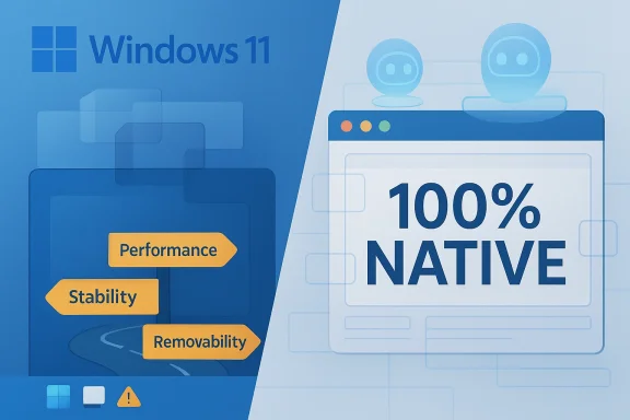 Windows 11 split-screen graphic highlighting performance, stability, removability and “100% native”.