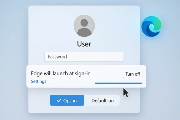 Windows-style user sign-in screen showing password field and Edge launch-on-sign-in settings.