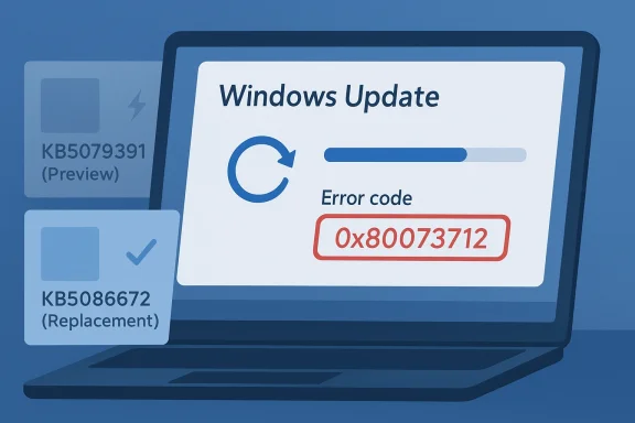 Windows Update error on a laptop screen showing code 0x80073712.