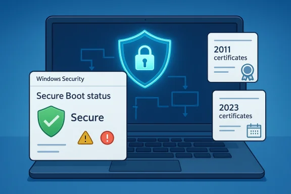 Illustration of Windows Security showing secure boot status with protected shield and certificate counts (2011/2023).