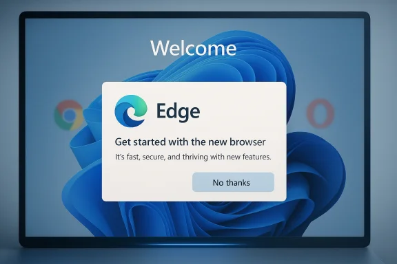 A computer screen shows a “Welcome” pop-up inviting you to start with the new Microsoft Edge browser. A computer screen shows a “Welcome” pop-up inviting you to start with the new Microsoft Edge browser.