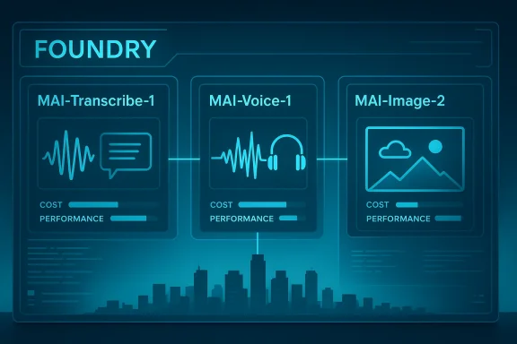 Neon-blue AI dashboard showing three modules: transcribe, voice, and image with a city skyline backdrop.