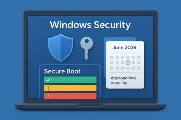 Illustration of a laptop UI titled “Windows Security” showing “Secure Boot” status and an upcoming June 2026 deadline.