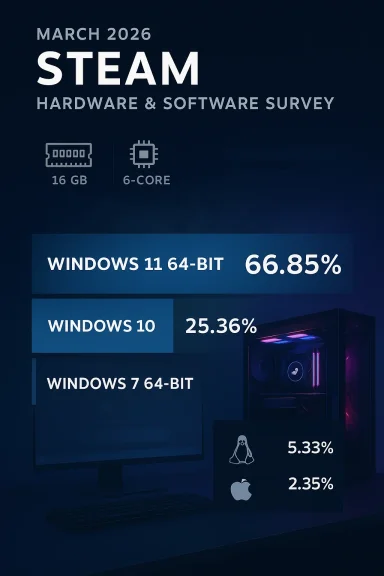 STEM hardware & software survey infographic showing Windows 11 64-bit usage at 66.85% (March 2026).