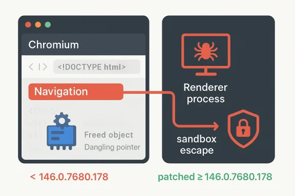 Illustration showing Chromium navigation and “sandbox escape” fixed by matched patched version.