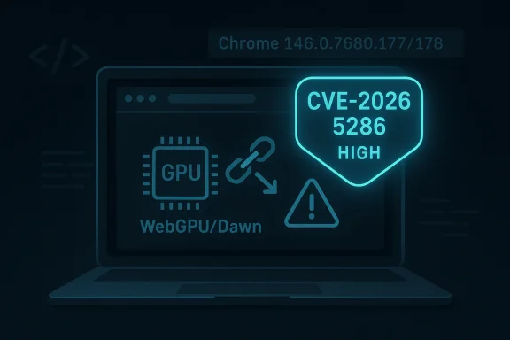 Laptop screen shows a GPU error warning “CVE-2026 5286” with “HIGH” severity and “WebGPU/Dawn” text.