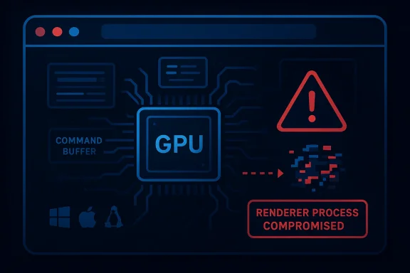 Neon GPU interface with “Renderer process compromised” warning and system hardware icons.