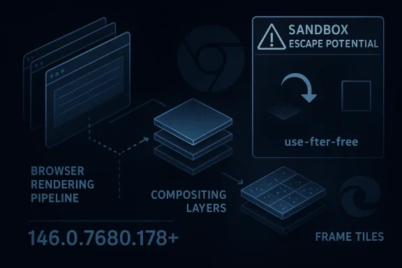 Abstract diagram showing a browser rendering pipeline and compositing layers with “Sandbox escape potential” alert.