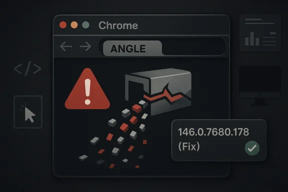 Chrome warning screen showing error “146.0.7680.178 (Fix)” with an “ANGLE” alert.