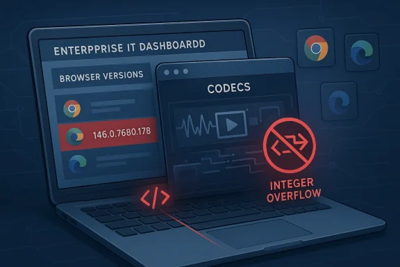 IT dashboard shows browser versions and a “CODECS” error warning with “INTEGER OVERFLOW” alert on a laptop.