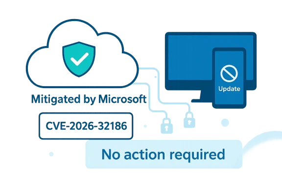 Cloud security shield and “Update” icon with “No action required” and CVE-2026-32186 text. Cloud security shield and “Update” icon with “No action required” and CVE-2026-32186 text.