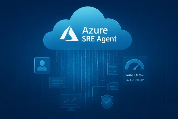 Cloud-themed graphic reading “Azure SRE Agent” with security and performance icons on a blue background.