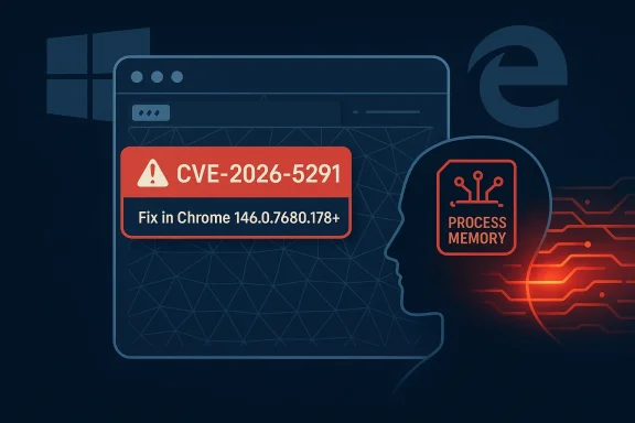 Cybersecurity warning shows CVE-2026-5291 and “Fix in Chrome” alongside a process memory icon.