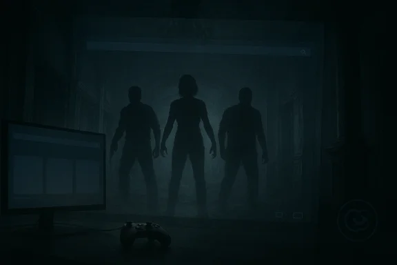 Three silhouetted figures walk through a foggy corridor while a gamer plays on a controller.