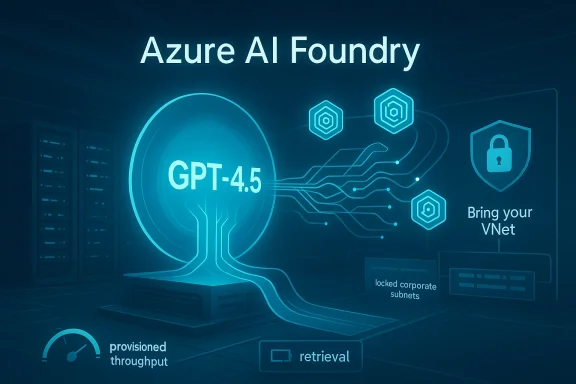 Azure AI Foundry concept graphic with GPT-4.5, secure VNet, and network/lock icons.