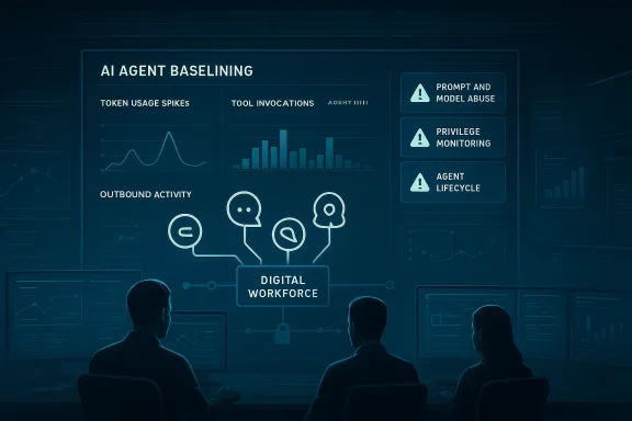 Team reviews “AI Agent Baselineing” dashboard with token spikes, tool usage, and digital workforce monitoring.