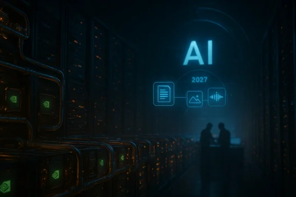 Futuristic data center with glowing AI interface and digital icons in a blue-lit server hall.