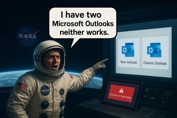 Astronaut points at a laptop showing “Outlook not responding,” with text: “I have two Microsoft Outlooks neither works.”
