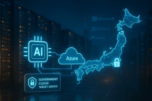 Futuristic cloud network graphic with AI and Azure branding over a glowing map of Japan.