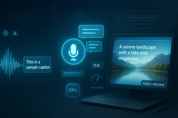 Neon UI shows a laptop streaming a serene lake-and-mountains preview with audio caption icons.