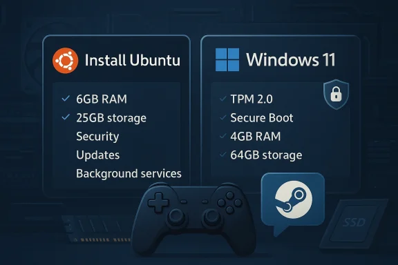 Gaming-themed graphic comparing Ubuntu install requirements (6GB RAM, 25GB storage) vs Windows 11 (TPM 2.0, Secure Boot).