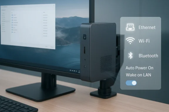 Desk setup with a computer monitor showing Ethernet/Wi‑Fi/Bluetooth Auto Power On and Wake on LAN options.
