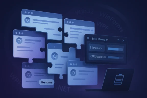 Network of connected UI windows with a Task Manager and runtime indicators, suggesting system monitoring and multitasking.