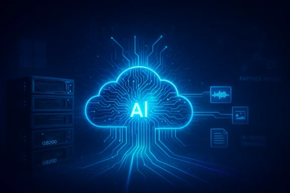 Blue futuristic cloud with AI circuitry, server racks on the left, and data icons on the right.