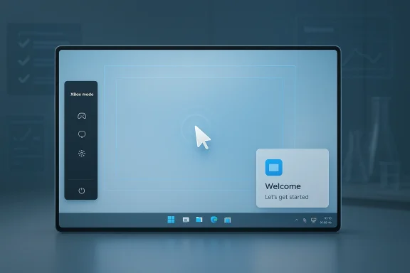 A monitor UI shows “Xbox mode” and a welcome screen with a cursor icon in a blue Windows-style interface.