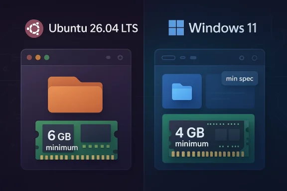 Split graphic shows Ubuntu 26.04 LTS and Windows 11 folder icons with minimum RAM: 6GB vs 4GB.