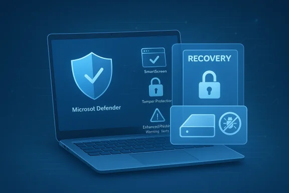Blue cybersecurity graphic showing Microsoft Defender features like smart screen, tamper protection, and recovery.