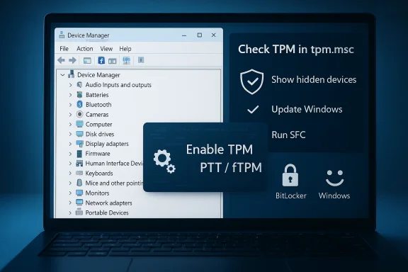 Laptop screen shows Windows Device Manager and prompts to enable TPM/PTT for security.