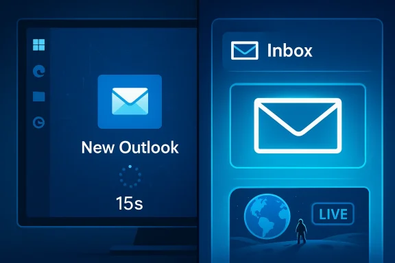 Futuristic split-screen graphic showing “New Outlook” and an “Inbox” with envelope icons.