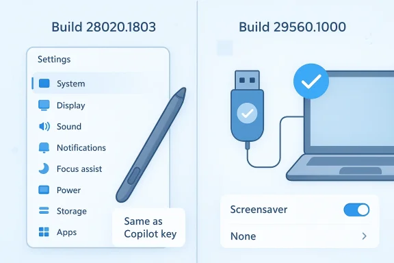 Windows-like settings screen with Build numbers, showing “Same as Copilot key” and “Screensaver: None.”
