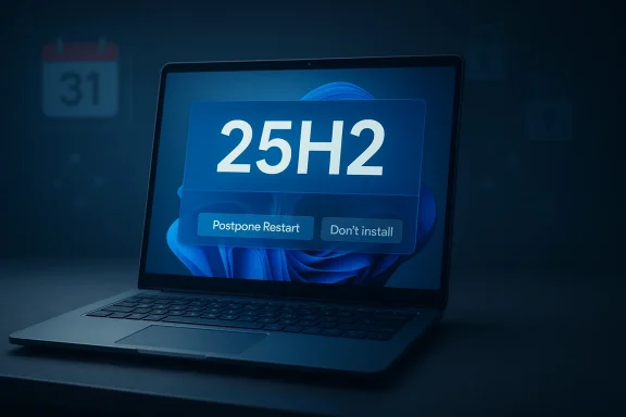 A laptop displays a Windows update prompt with “25H2” and options to postpone restart or not install.