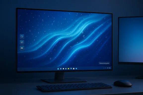 A desktop with blue abstract wallpaper and raindrop-like bubbles on the monitor.